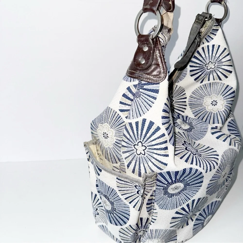 Oioi Be Spicy Diaper Bag Messenger Navy Medallion on Ivory Design